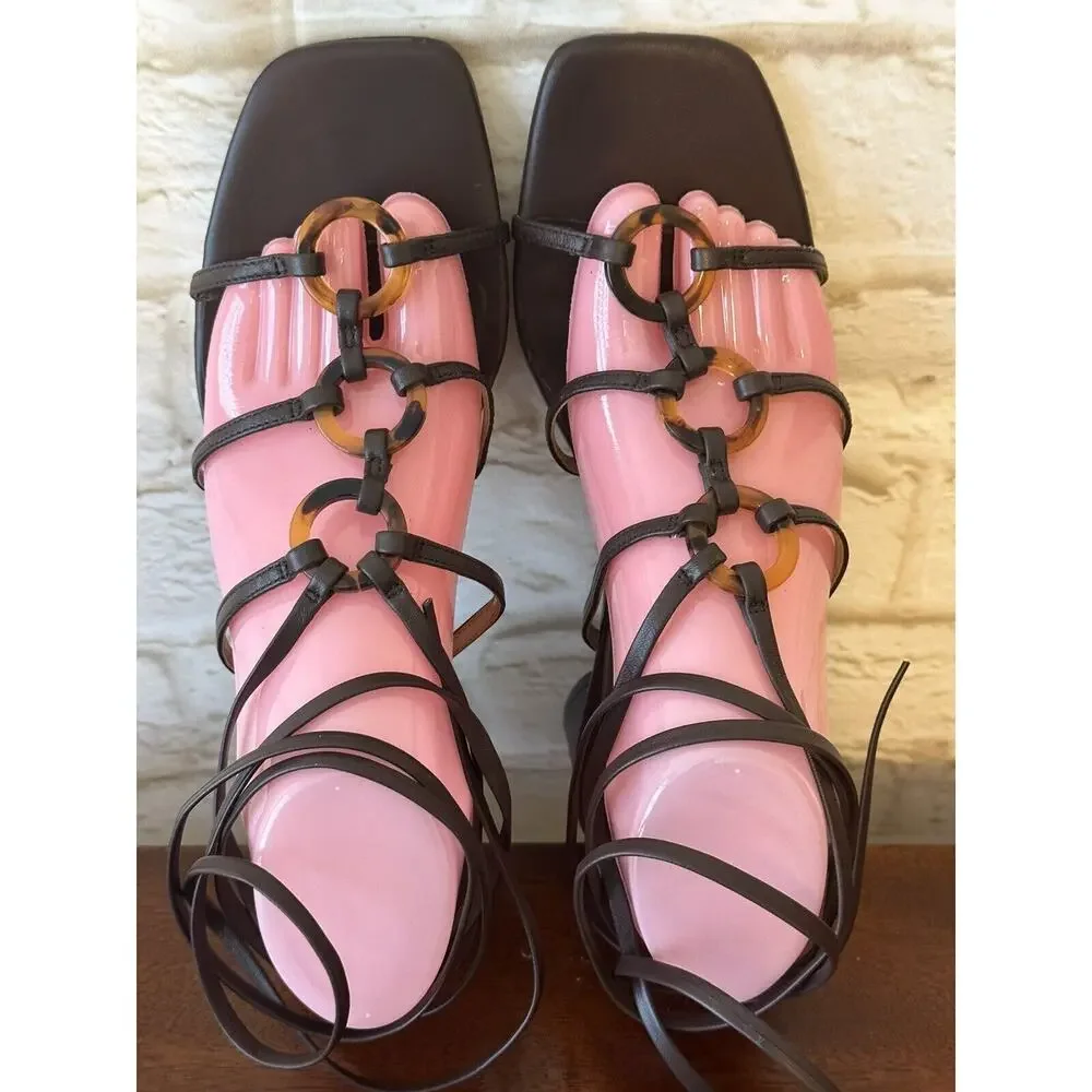 Ann Taylor Ruby Tortoiseshell Print Ring Leather Wrap Block Heel‎ Sandals 7.5M